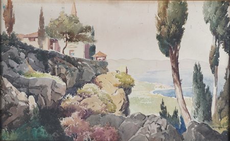 Giuseppe Riccobaldi - Paesaggio con casa e lago sullo sfondo