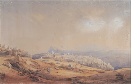 Gaspard Bobaut (Parigi 1814 - Parigi 1882)  - Paesaggio algerino con villaggio sullo sfondo e personaggi militari in primo piano