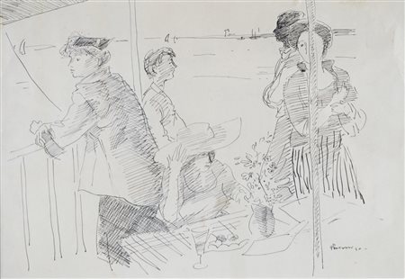 Bernardino Palazzi (Roma 1907 - 1986)  - Personaggi sul terrazzo, 1950