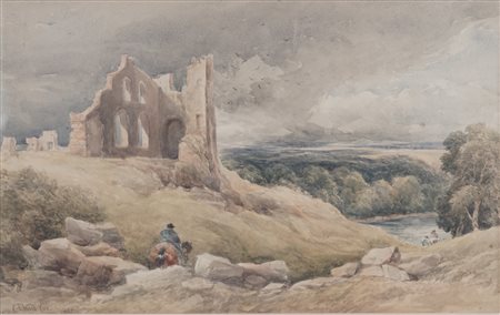David I Cox (Inghilterra 1783 - 1859)  - Scorcio di campagna inglese con viandanti e rovine, 1852