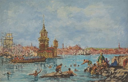 Anonimo di fine XIX secolo - Veduta di Istanbul con bagnanti nel Bosforo