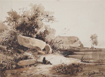 Antoine Guindrand (1801 - 1843)  - Paesaggio con viandante