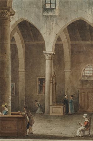 Victor Jean Nicolle (1754 - 1826)  - Interno di basilica con figure in preghiera