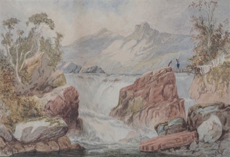 Scuola inglese, secolo XIX - Paesaggio montano con cascata