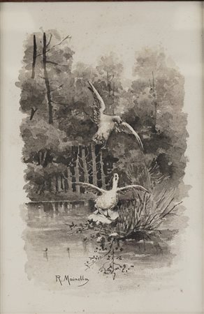Raffaele Mainella (Benevento 1856 - Lido di Venezia 1941)  - Laghetto con volatili