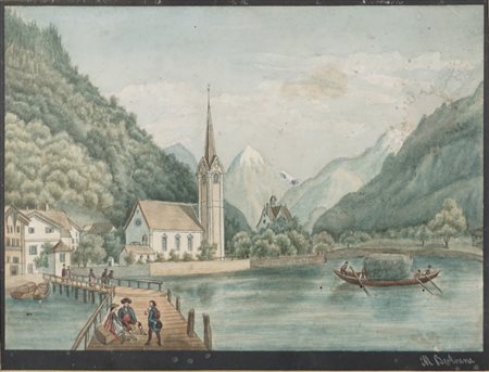 M. Bertrana (secolo XIX)  - Paesaggio Svizzero con lago e chiesa sullo sfondo