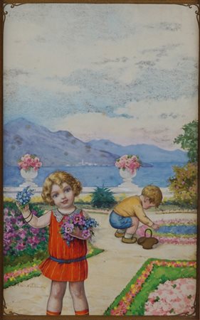 Vincenzina Castelli (attiva inizio secolo XX)  - Bambini con fiori e paesaggio lacustre, Around 1920
