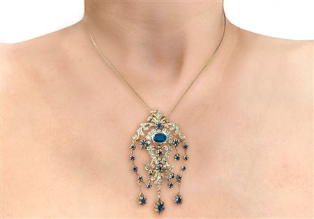 Collana in oro giallo 750 con pendentif con zaffiri e diamanti taglio brillante