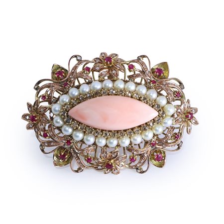Spilla in argento vermeil con corallo rosa e diamanti 