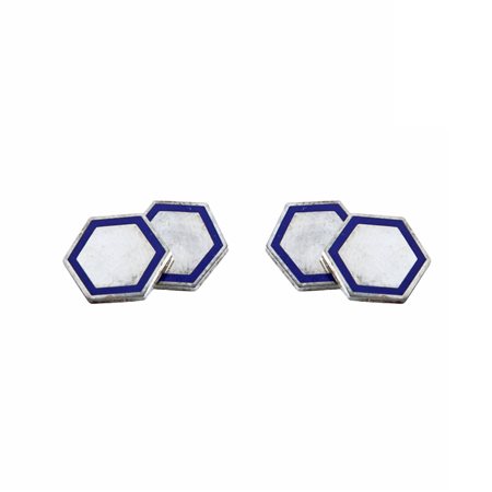 Gemelli vintage in argento 800 dal taglio esagonale con smalto blu lungo il bordo