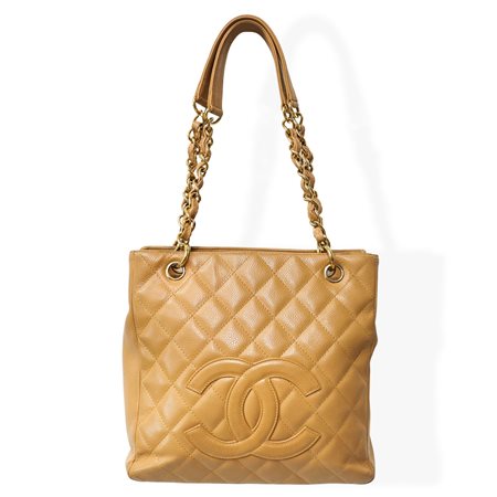 Chanel - Borsa Chanel Medallion Tote in pelle caviar trapuntata color cammello con metalleria dorata  , early 2000s