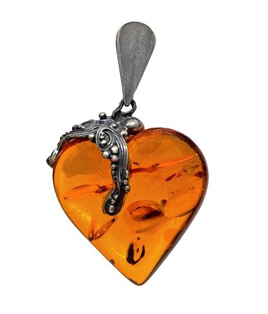 Pendentif in argento con ambra a cuore, 20th century