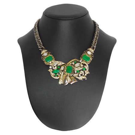 Flotty Bijoux - Collana in metallo dorato e argentato con strass e pietre verdi