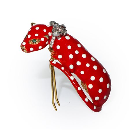 Kenneth Jay Lane Jewelry - Ferma Foulard a forma di leopardo rosso a pois bianchi con strass