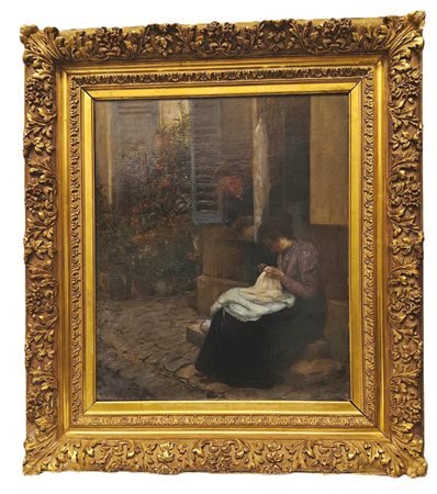 Scuola francese della fine del XIX secolo. "Donna che cuce"