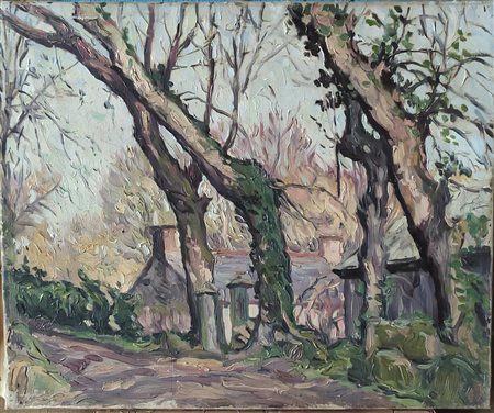 Pittore del XIX secolo. "Scorcio di casa con alberi"
