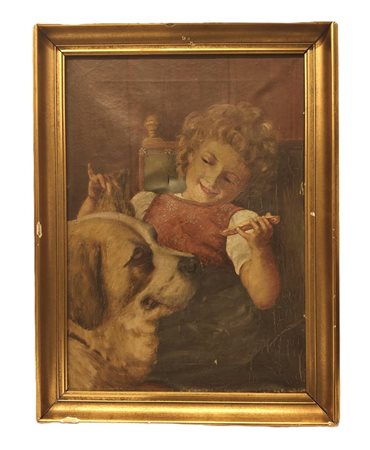 Pittore del XIX - XX secolo. "Bambina con cane SanBernardo