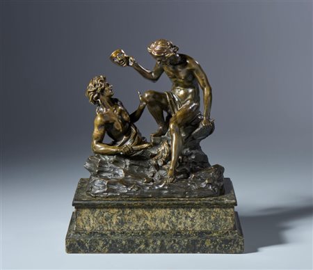 
Allegoria. Scuola toscana o francese, probabilmente XVII-XVIII secolo. Bronzo a patina trasparente verdastra su fondo nero 
 cm 23 x 21 x 13 