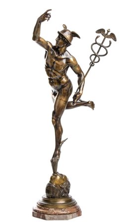  
Mercurio volante. Dal modello di Giambologna (Douai, 1529- Firenze, 1608). XVIII-XIX secolo. Bronzo con patina trasparente dorata. 
 Complessivamente cm 76,5 x 39 x 24 