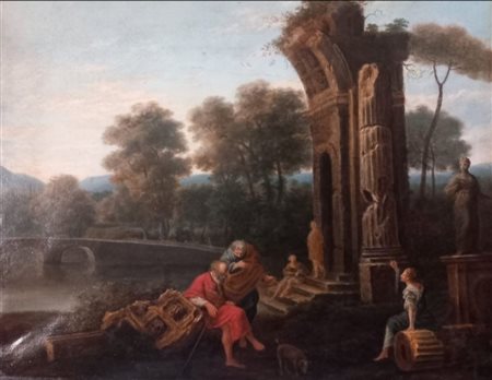  
Capriccio nella campagna romana. Siglato David 1794 sul verso. Carta dipinta ad olio su telaio antico. 
 cm 47 x 59