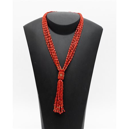 COLLANA a 6 fili di corallo con gancio e divisori in oro 18 KT