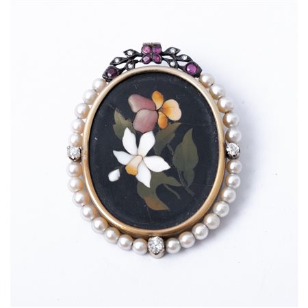 SPILLA/PENDENTE in oro 18 e 14 KT con diamanti, rubini e perle