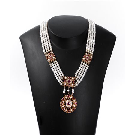COLLANA a quattro fili di perle e oro giallo 9 KT con rubini