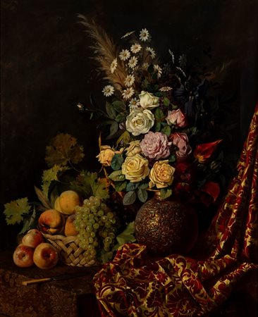 Giuseppe Garinei (attivo alla fine del secolo XIX)  - Natura morta con fiori, cesta di frutta e drappo