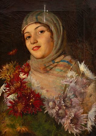 Salvatore Postiglione (Napoli 1861 - 1906)  - Ritratto di giovane donna con dalie
