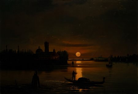 Giuseppe De Rubelli (Ragusa 1844 - Milano 1916)  - Barche al tramonto, 1880