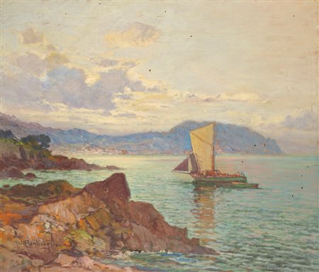 Cesare Bentivoglio (Genova 1868 - 1952)  - Genova, vela al largo di Nervi con veduta su Punta Chiappa