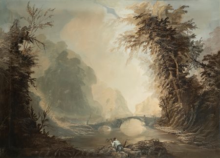 Scuola del secolo XX - Paesaggio fluviale con ponticello e figura in primo piano