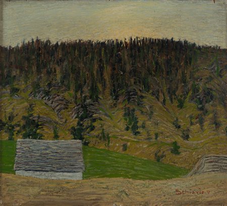 Vincenzo Schiavio (Veleso 1888 - Como 1954)  - Paesaggio montano con baita