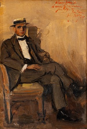 Luigi Crisconio (Napoli 1893 - Portici 1946)  - Ritratto di uomo seduto con paglietta, 1934
