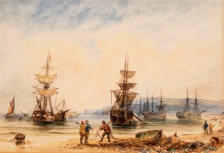 Joseph Newington Carter (1835 - 1871)  - Marina con pescatori e velieri, 1866
