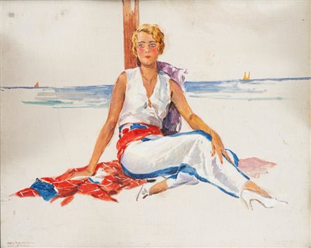 Carlo Romagnoli (Roma 1888 - 1965)  - In spiaggia al Lido di Venezia, 1929