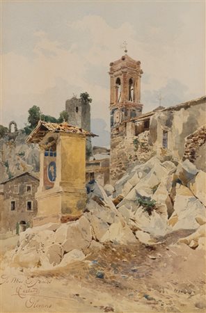 Onorato Carlandi (Roma 1848 - 1939)  - Olevano, il campanile e l'edicola sacra