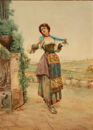 R. Moretti (attivo alla fine del XIX - inizio XX secolo)  - Contadina nella campagna romana