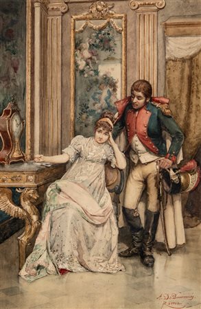 Achille De Dominicis (Tivoli 1851 - 1917)  - Scena d'interno con fanciulla e soldato