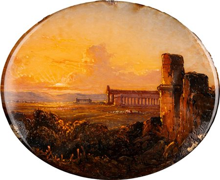 Consalvo Carelli (Napoli 1818 - 1910)  - Paestum, il tramonto sui templi