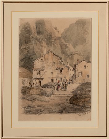 Luigi Bettinelli (Bergamo 1824 - 1892)  - Scorcio di paese con figure