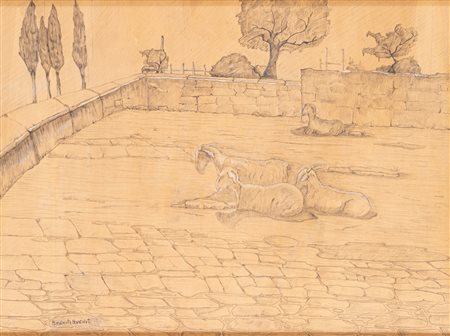 Benvenuto Benvenuti (Livorno 1881 - Antignano 1959)  - Pecore nel cortile