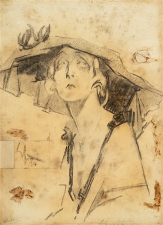 Enrico Sacchetti (Roma 1877 - Settignano 1967)  - Ritratto di giovane donna con cappello, 1934