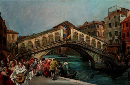 Cipriano Mannucci (Nizza 1882 - Firenze 1970)  - Venezia, carnevale sul Ponte di Rialto