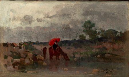 Angelo Torchi (Massa Lombarda 1856 - 1915)  - Paesaggio con figura a cavallo