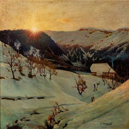 Attribuito a Giovanni Sottocornola (Milano 1855 - 1917) - Alba invernale a Canzo