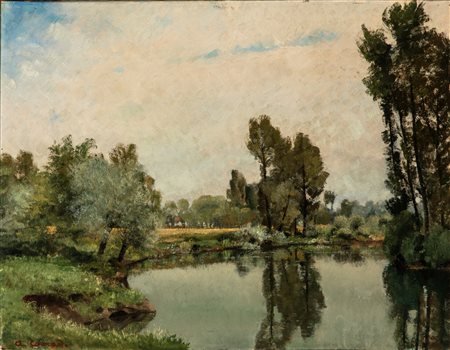 Alfonso Corradi (Castelnuovo di Sotto 1889 - Milano 1972)  - Paesaggio fluviale