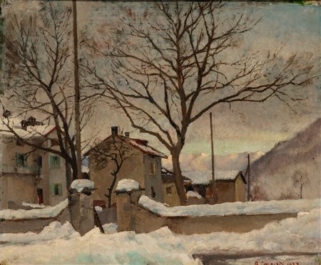 Alfonso Corradi (Castelnuovo di Sotto 1889 - Milano 1972)  - Paesaggio lombardo innevato, 1933