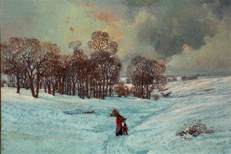 Alfonso Corradi (Castelnuovo di Sotto 1889 - Milano 1972)  - Mamma e figlio sulla neve