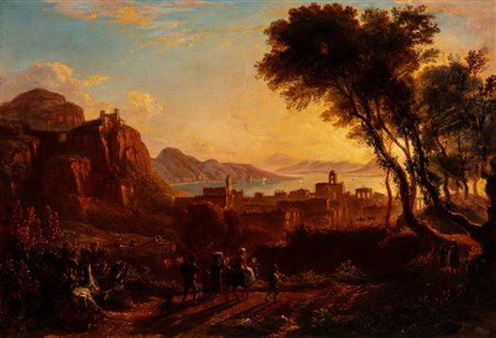 Artista attivo in Italia nel secolo XIX - Paesaggio con viandanti e rovine in lontananza